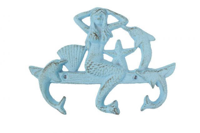 Rustic Light Blue Cast Iron Wall Mounted Mermaid with Dolphin Hooks 9