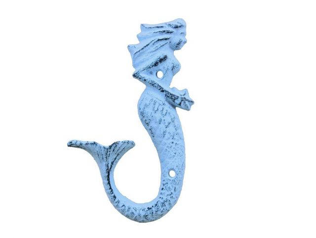 Rustic Dark Blue Whitewashed Cast Iron Decorative Mermaid Hook 6