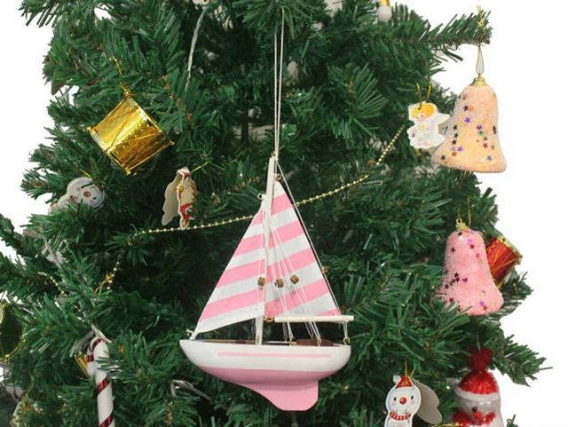 Wooden Pretty in Pink Model Sailboat Christmas Tree Ornament