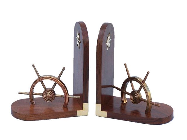 Set of 2 - Antique Brass Ship Wheel Book Ends 8