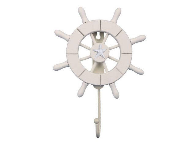 White Decorative Ship Wheel with Starfish and Hook 8