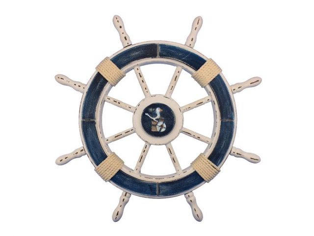 Rustic Dark Blue and White Decorative Ship Wheel With Seagull 24