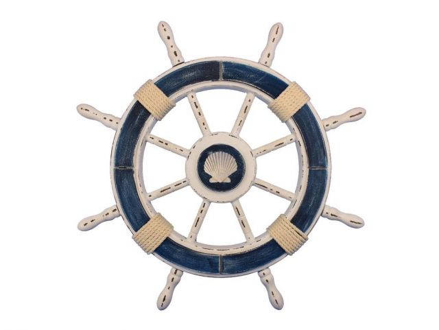 Rustic Dark Blue and White Decorative Ship Wheel With Seashell 24