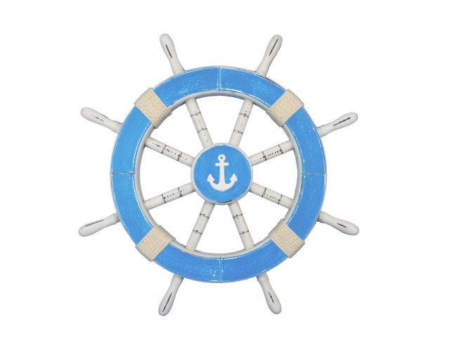 Rustic Light Blue And White Decorative Ship Wheel With Anchor 18