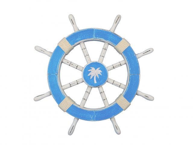 Rustic Light Blue And White Decorative Ship Wheel With Palm Tree 18