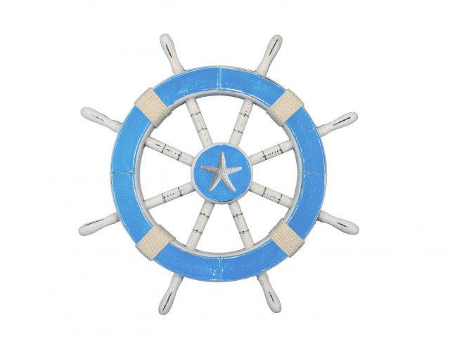 Rustic Light Blue And White Decorative Ship Wheel With Starfish 18