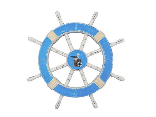Rustic Light Blue And White Decorative Ship Wheel With Seagull 18