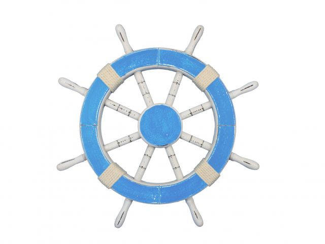 Rustic Light Blue And White Decorative Ship Wheel 18