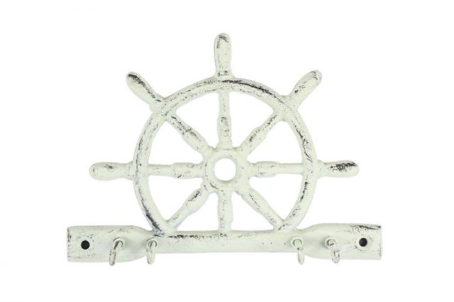 Whitewashed Cast Iron Ship Wheel With Hook 8