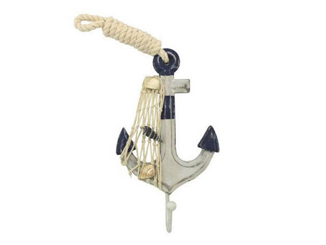 Wooden Rustic Decorative Blue and White Anchor with Hook 7
