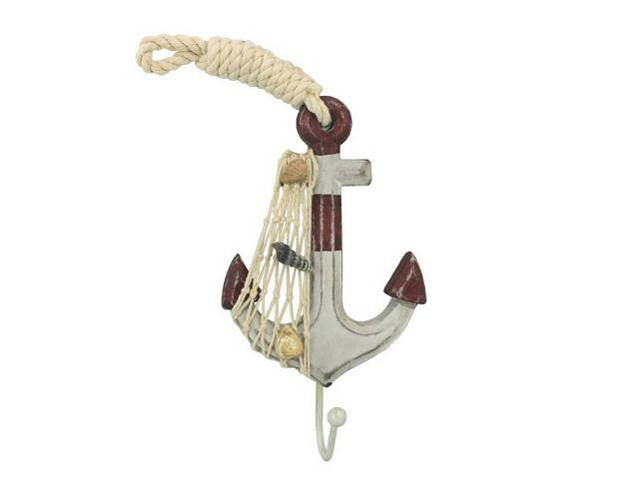 Wooden Rustic Decorative Red and White Anchor with Hook 7