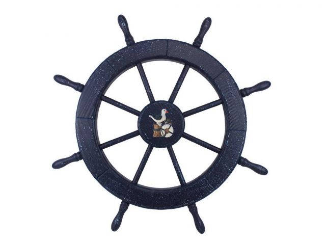 Wooden Rustic All Dark Blue Decorative Ship Wheel With Seagull 30