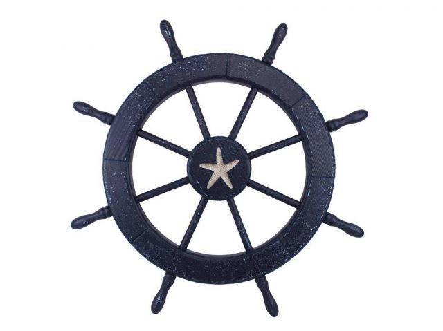 Wooden Rustic All Dark Blue Decorative Ship Wheel With Starfish 30