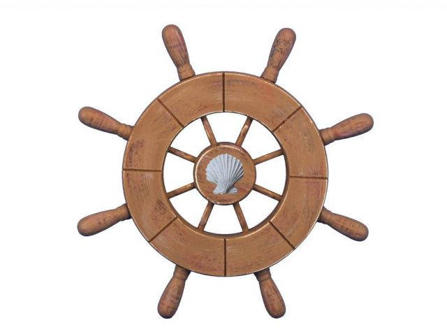Rustic Wood Finish Decorative Ship Wheel With Seashell 9