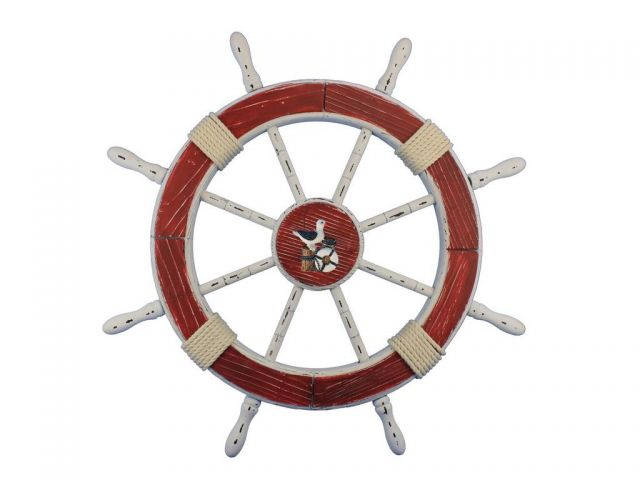 Wooden Rustic Red and White Decorative Ship Wheel With Seagull 30