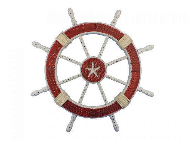 Wooden Rustic Red and White Decorative Ship Wheel With Starfish 30