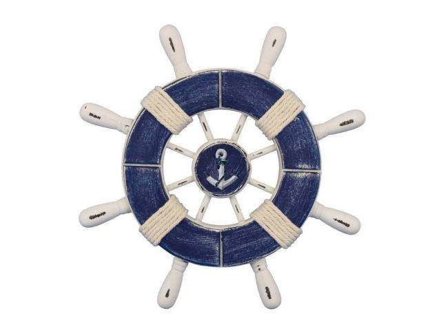 Rustic Dark Blue and White Decorative Ship Wheel With Anchor 9