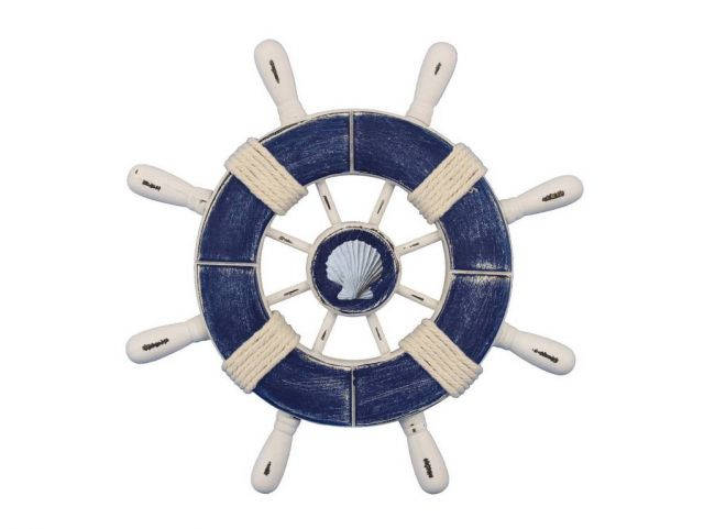 Rustic Dark Blue and White Decorative Ship Wheel With Seashell 9