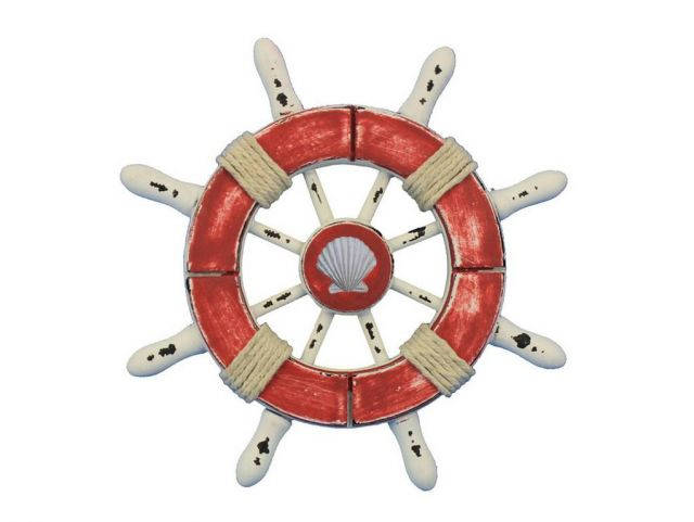 Rustic Red and White Decorative Ship Wheel With Seashell  6