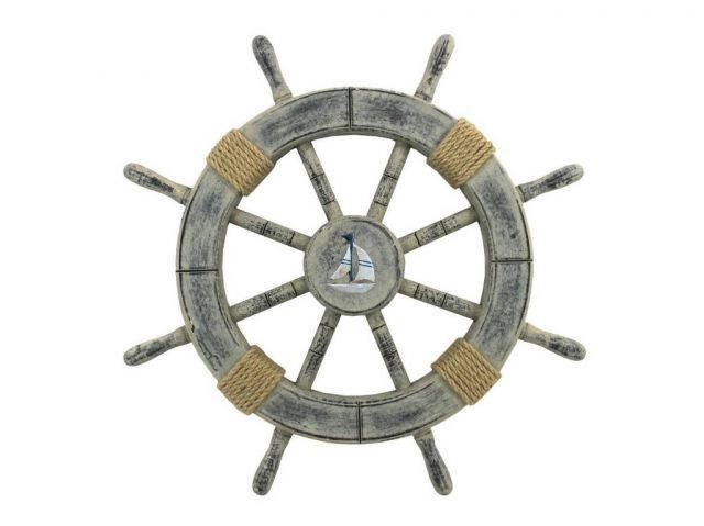 Rustic Whitewashed Decorative Ship Wheel With Sailboat 18