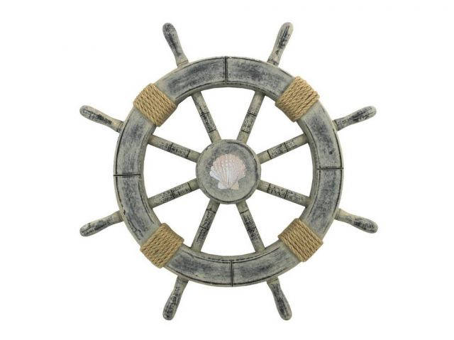 Rustic Whitewashed Decorative Ship Wheel With Seashell 18