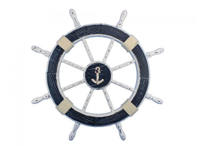 Wooden Rustic Dark Blue and White Decorative Ship Wheel With Anchor 30