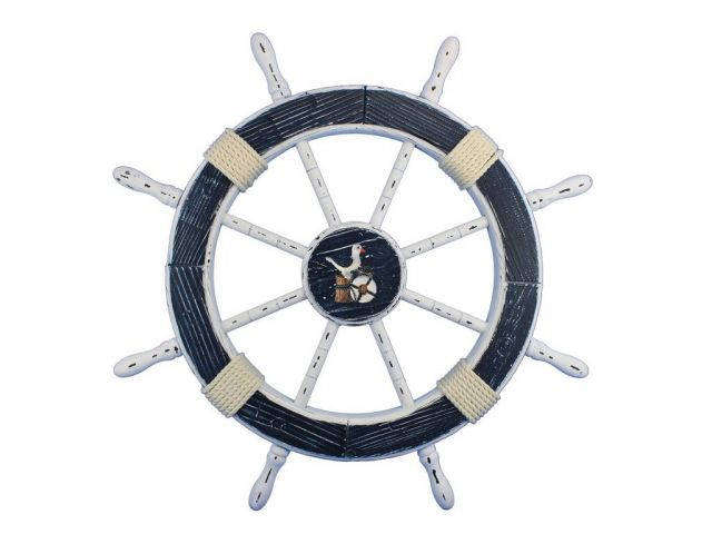 Wooden Rustic Dark Blue and White Decorative Ship Wheel With Seagull 30