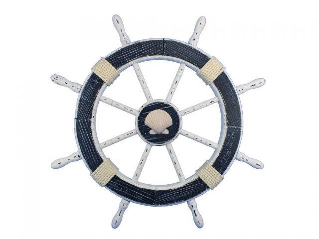 Wooden Rustic Dark Blue and White Decorative Ship Wheel With Seashell 30