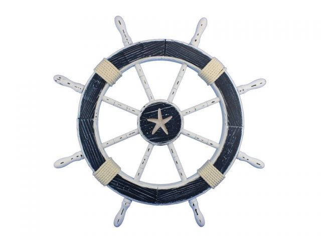 Wooden Rustic Dark Blue and White Decorative Ship Wheel With Starfish 30
