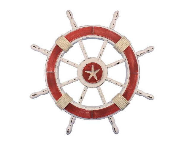 Rustic Red and White Decorative Ship Wheel With Starfish 24