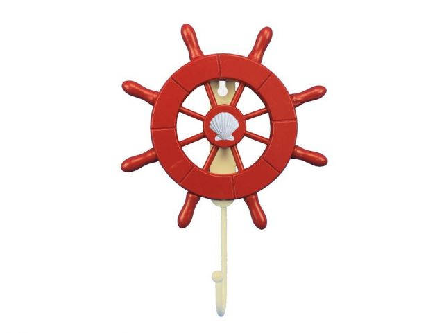 Red Decorative Ship Wheel with Seashell and Hook 8