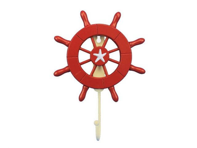 Red Decorative Ship Wheel with Starfish and Hook 8