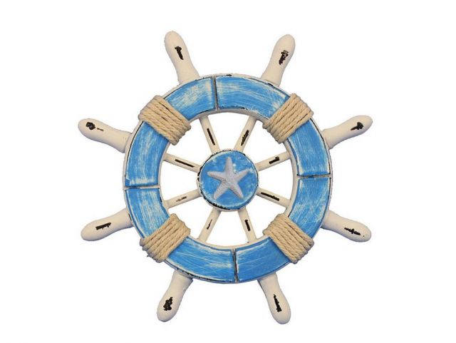 Rustic Light Blue and White Decorative Ship Wheel With Starfish 6