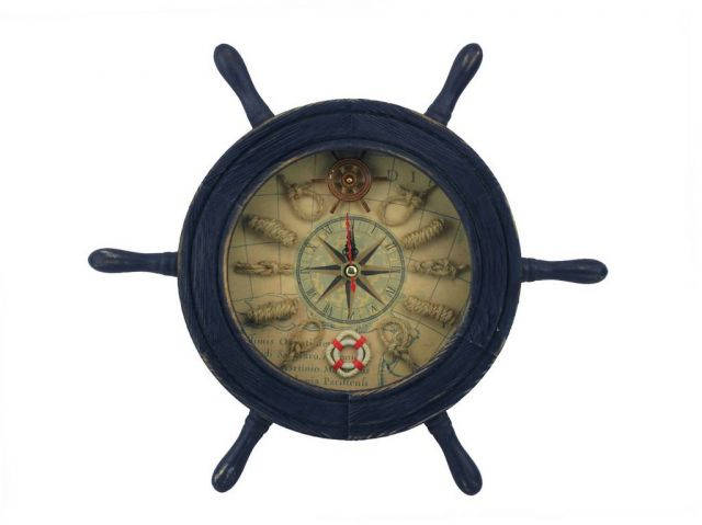 Wooden Rustic Dark Blue Ship Wheel Knot Faced Clock 12