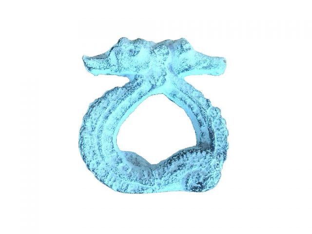 Rustic Dark Blue Whitewashed Cast Iron Seahorse Napkin Ring 3 - Set of 2