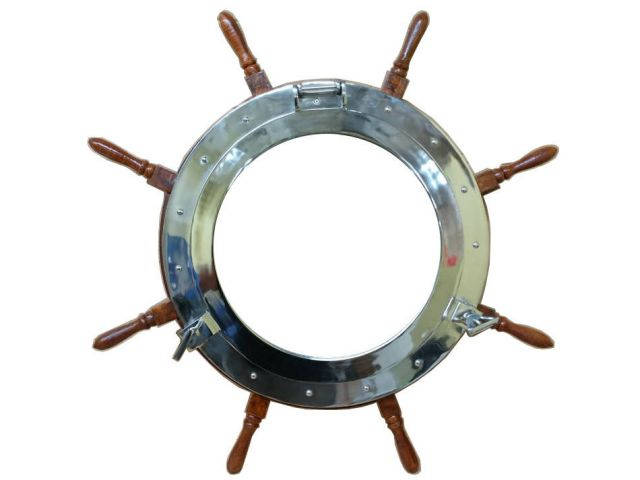 Deluxe Class Wood and Chrome Decorative Ship Wheel Porthole Mirror 38