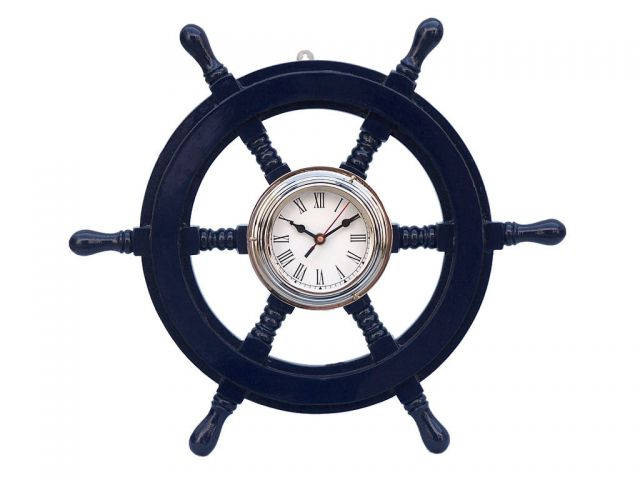 Deluxe Class Dark Blue Wood and Chrome Pirate Ship Wheel Clock 18