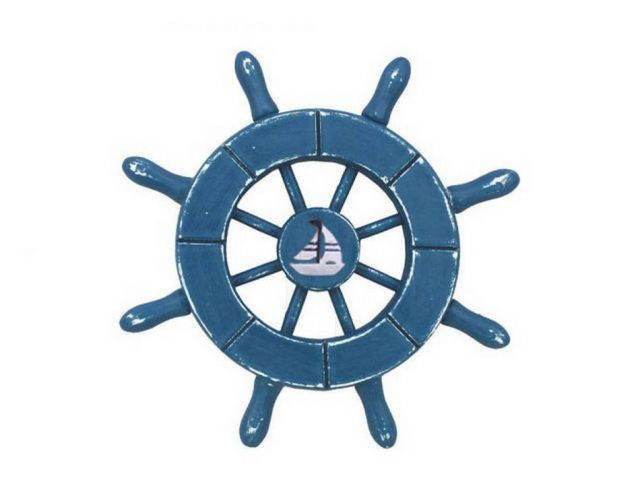 Rustic Light Blue Decorative Ship Wheel With Sailboat 6