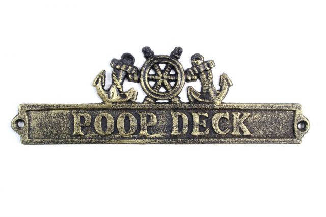 Antique Gold Cast Iron Poop Deck Sign with Ship Wheel and Anchors 9