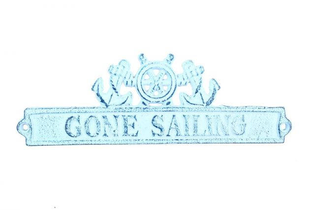  Dark Blue Whitewashed Cast Iron Gone Sailing Sign with Ship Wheel and Anchors 9