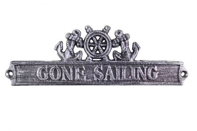 Antique Silver Cast Iron Gone Sailing Sign with Ship Wheel and Anchors 9