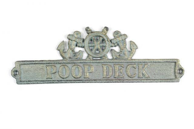 Antique Bronze Cast Iron Poop Deck Sign with Ship Wheel and Anchors 9