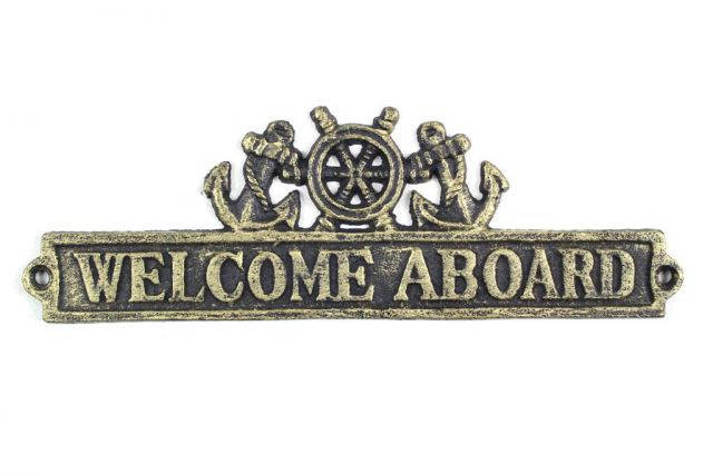 Antique Gold Cast Iron Welcome Aboard Sign with Ship Wheel and Anchors 9