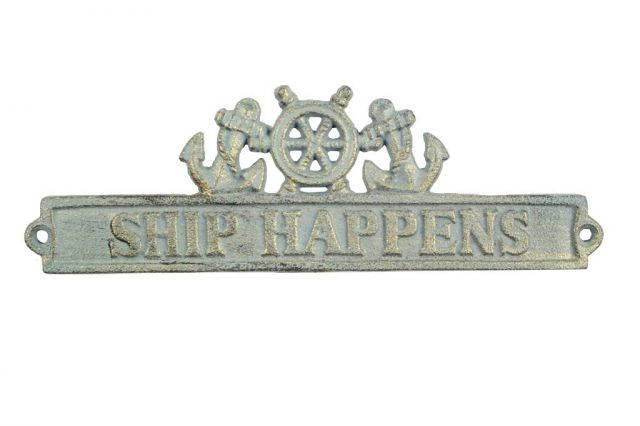 Antique Bronze Cast Iron Ship Happens Sign with Ship Wheel and Anchors 9