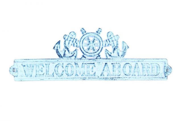  Dark Blue Whitewashed Cast Iron Welcome Aboard Sign with Ship Wheel and Anchors 9