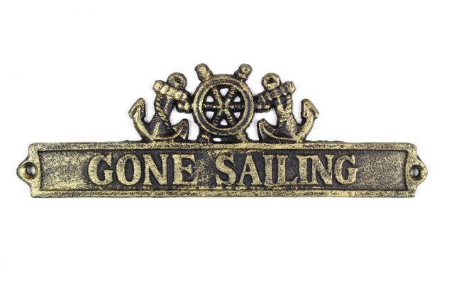 Antique Gold Cast Iron Gone Sailing Sign with Ship Wheel and Anchors 9