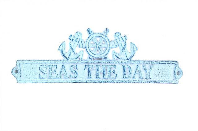  Dark Blue Whitewashed Cast Iron Seas the Day Sign with Ship Wheel and Anchors 9