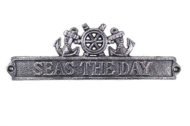 Antique Silver Cast Iron Seas the Day Sign with Ship Wheel and Anchors 9