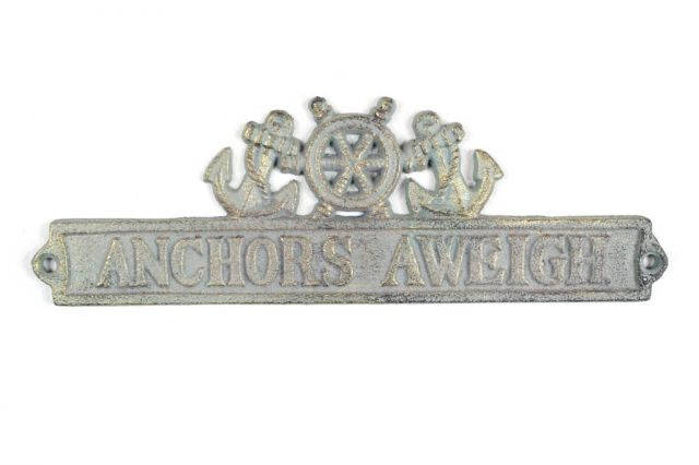 Antique Bronze Cast Iron Anchors Aweigh Sign with Ship Wheel and Anchors 9
