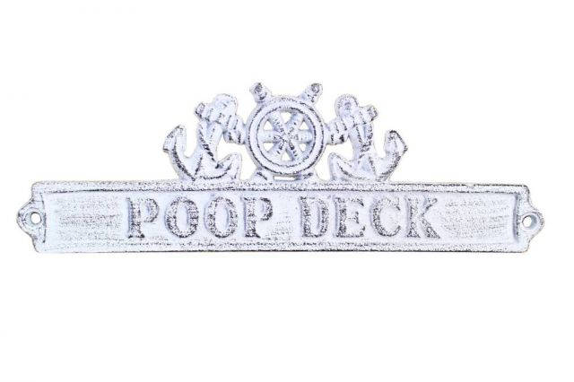 Whitewashed Cast Iron Poop Deck Sign with Ship Wheel and Anchors 9